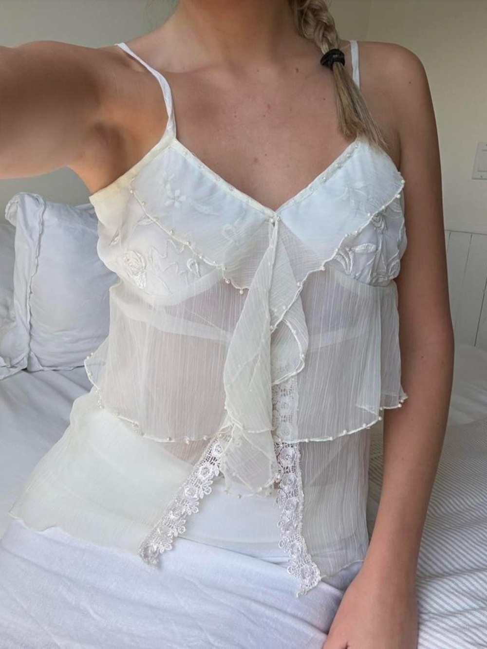 vintage sheer ruffly beaded lace top